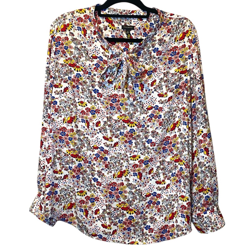 Talbots Tie Neck Blouse Women’s XL Retro Multicolor Floral Long Sleeve Shirt